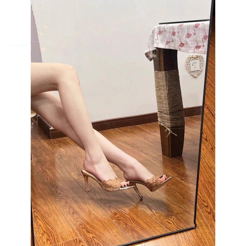 Sexy pointed banquet high heels 2025 summer new embroidered stiletto shoes champagne gold embroidered high heels cool slippers