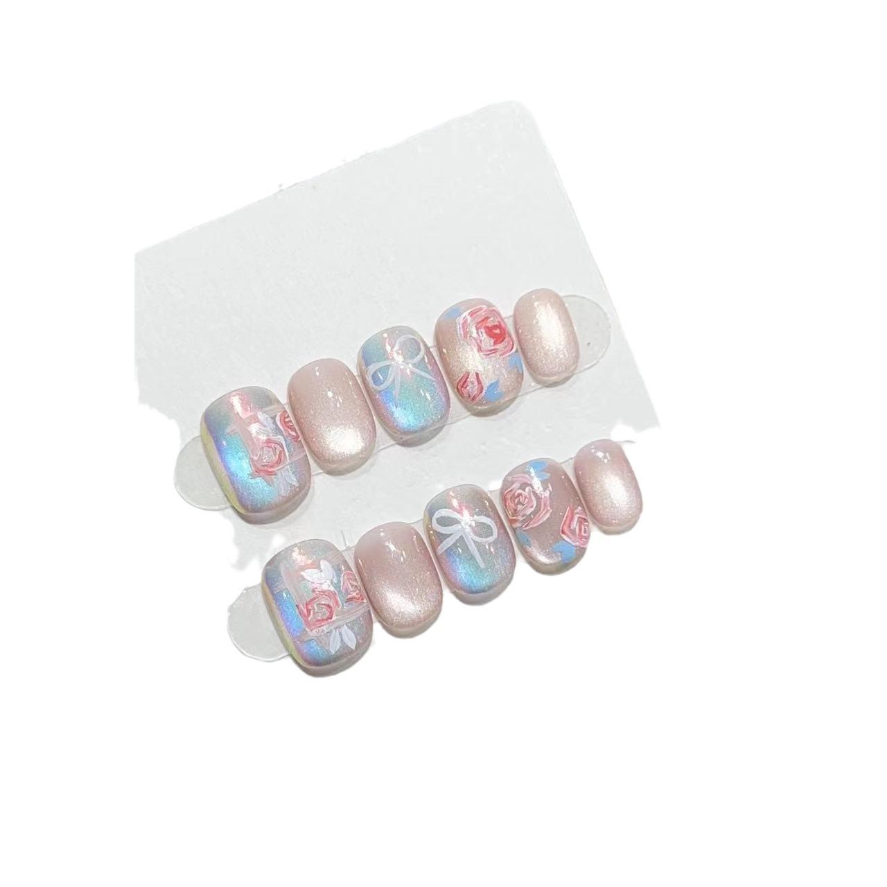 

Чисто ручная работа Броня Атмосфера Ручная роспись Роза Бант Фантазийный цвет Кошачий глаз Нейл-арт Повседневный Короткий стиль Съемный Extra small XS