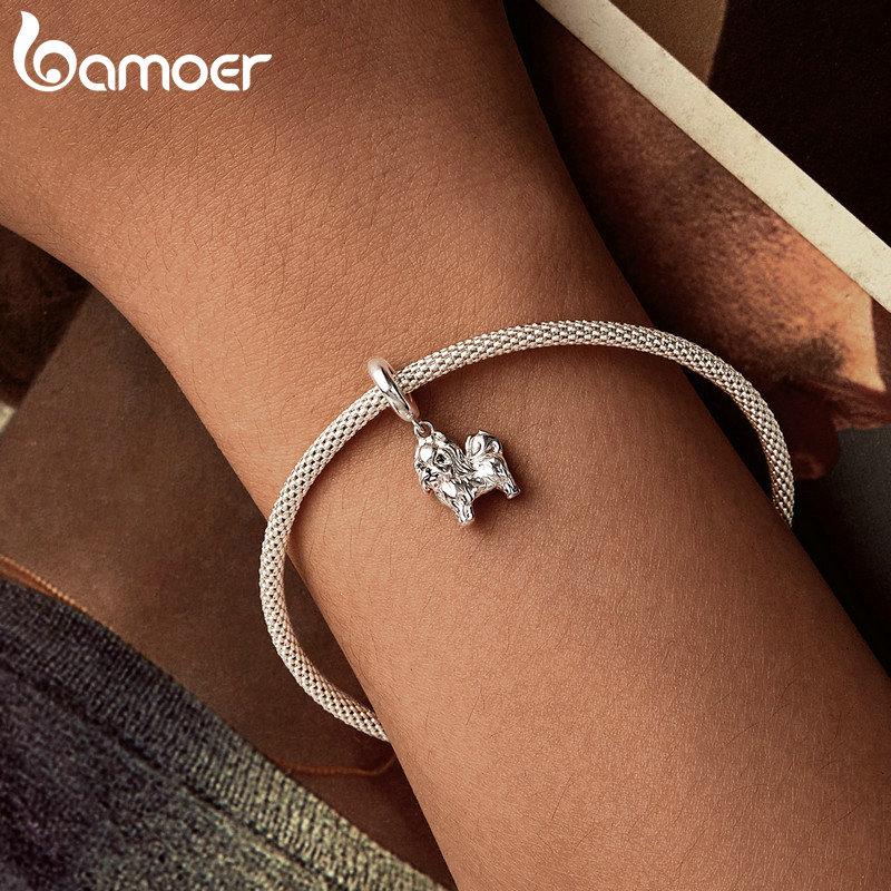 BAMOER Gold Plated Pet Dog Charm Beads for Charm Bracelet, Genuine 925 Sterling Silver Border Collie Dachshund Schnauzer Pendant