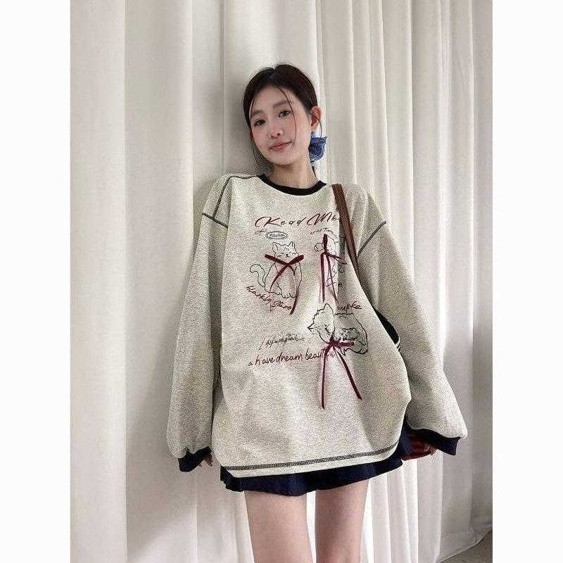 Cat Printed Bow Decoration Woman Hoodie Round Neck Women's Long Sleeved Pullover Tees Autumn Casual Loose Female Fashion Top
