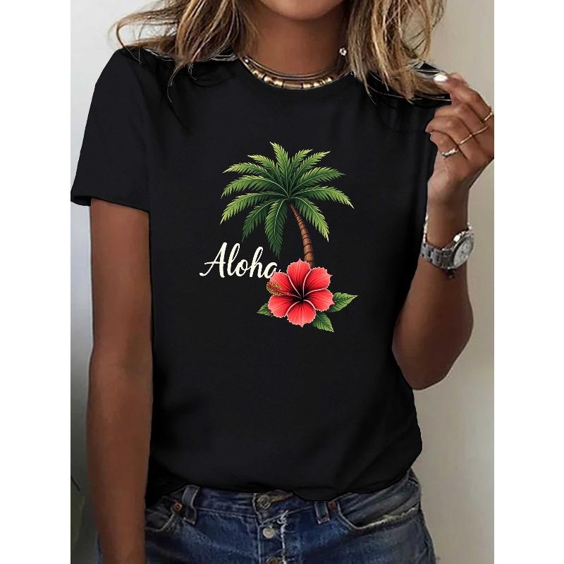 European Size Women's Hawaiian Aloha T-Shirt Short Sleeve Round Neck Blouse with Hibiscus & Palm Tree Print -Casual Summer Beachwear Top,Casual Attire