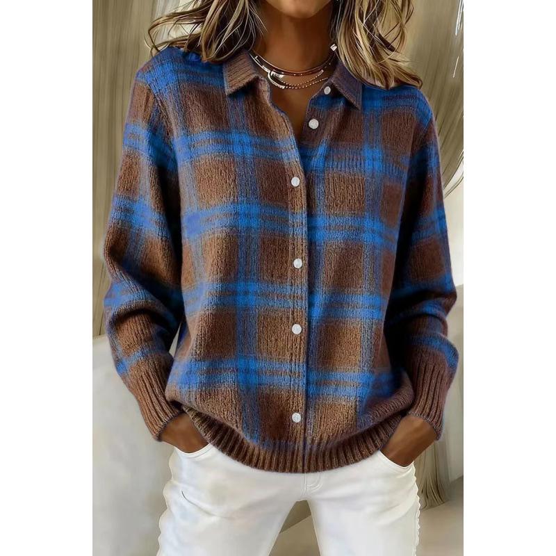 Women's Casual Plaid Long Sleeve Lapel Cardigan Sweater for Autumn and Winter