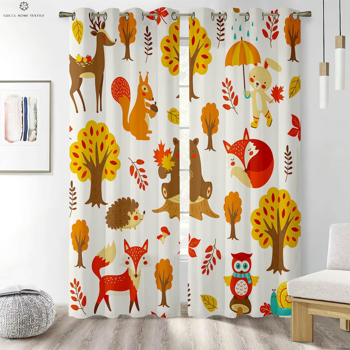 

Лесные животные Уход за детьми Шторы с рисунком из мультфильмов Подходят для спальни Гостиной Детской комнаты Декоративные шторы Украшение дома W50xH130(CM)x2PCS&Grommet Top