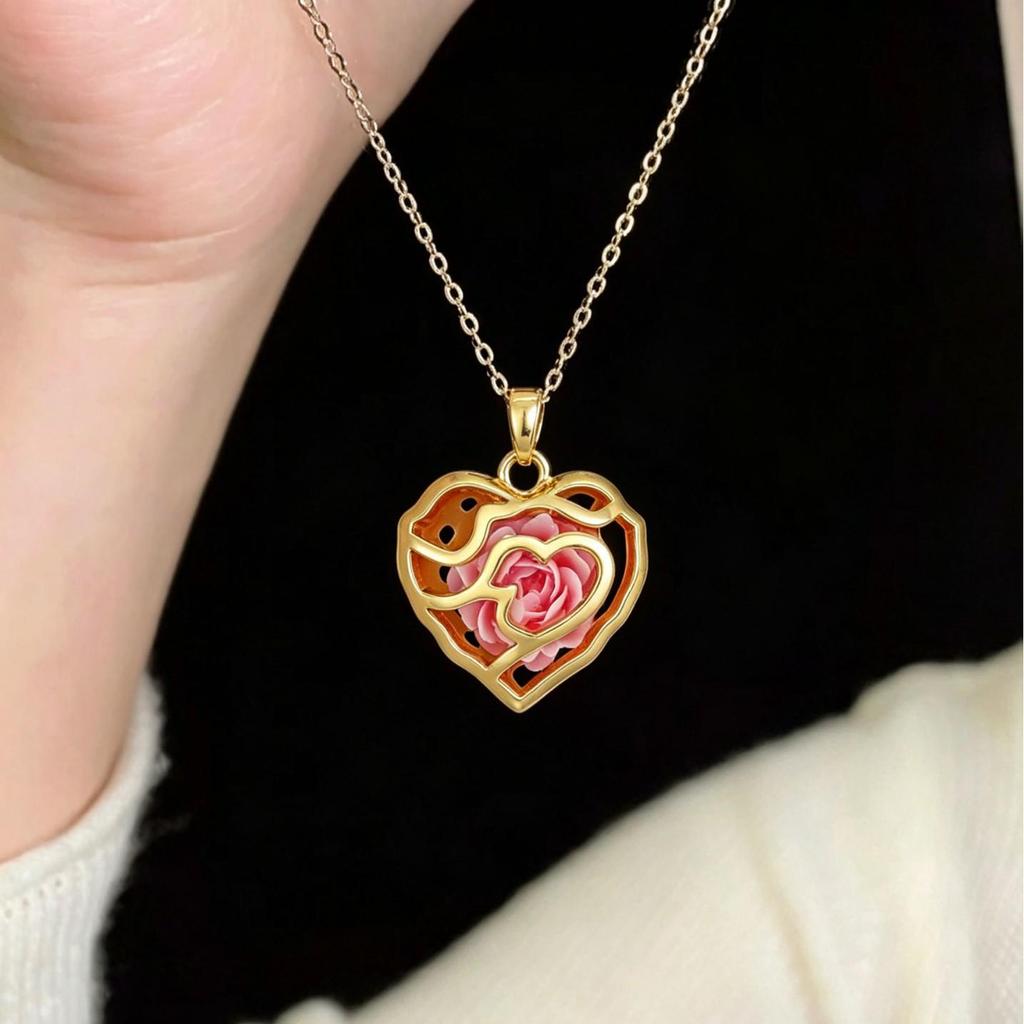 Copper-Plated 18K Gold Heart Rose Zircon Pendant Necklace - Perfect Gift for Couples and Friends