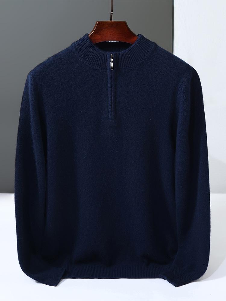 Men's Cashmere Knit Zipper Sweater - Solid Color, Loose Fit, Half-High Collar, Autumn/Winter Collection