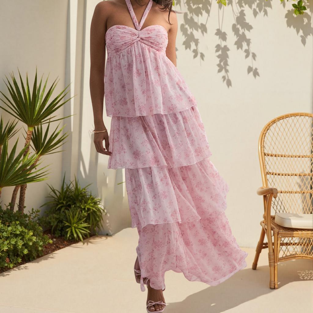 Women's Strapless Long Dress Fashion Sleeveless Tiered Hem Tube Dress Summer Beach Dress