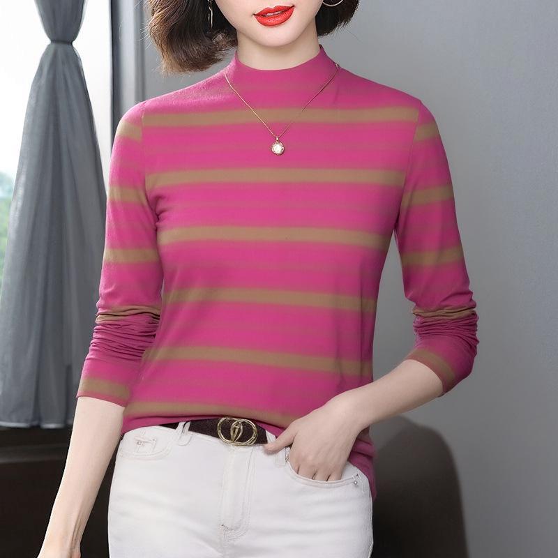 2025 Autumn/Winter Fashionable High-Neck Printed Base Layer Top for Middle-Aged and Elderly Women - Plus Size, Long-Sleeved & Body-Concealing.