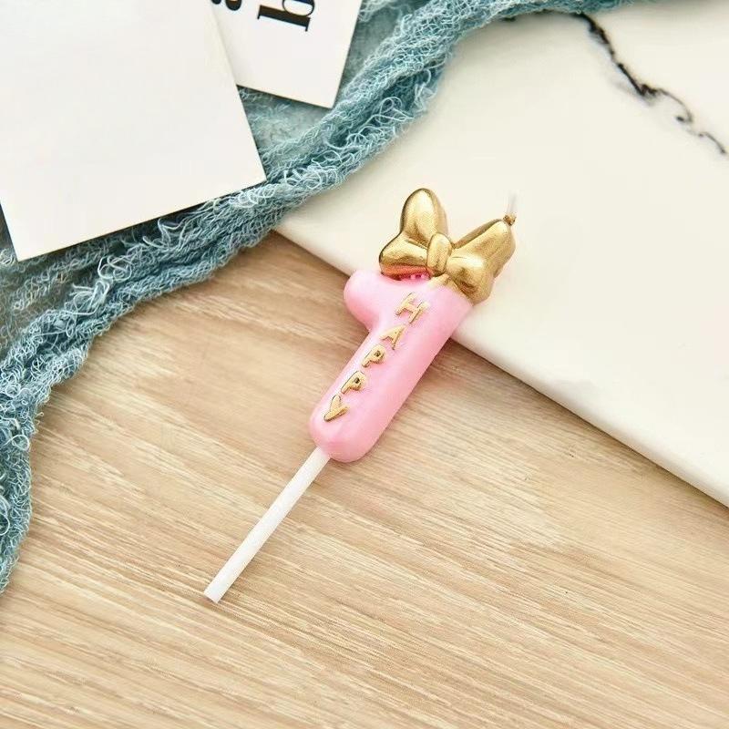 1pc Pink Numbered Birthday Candles Golden Bow Cake Decoration for Children boys Girls Teenage Birthday Baking Decoration Plugins