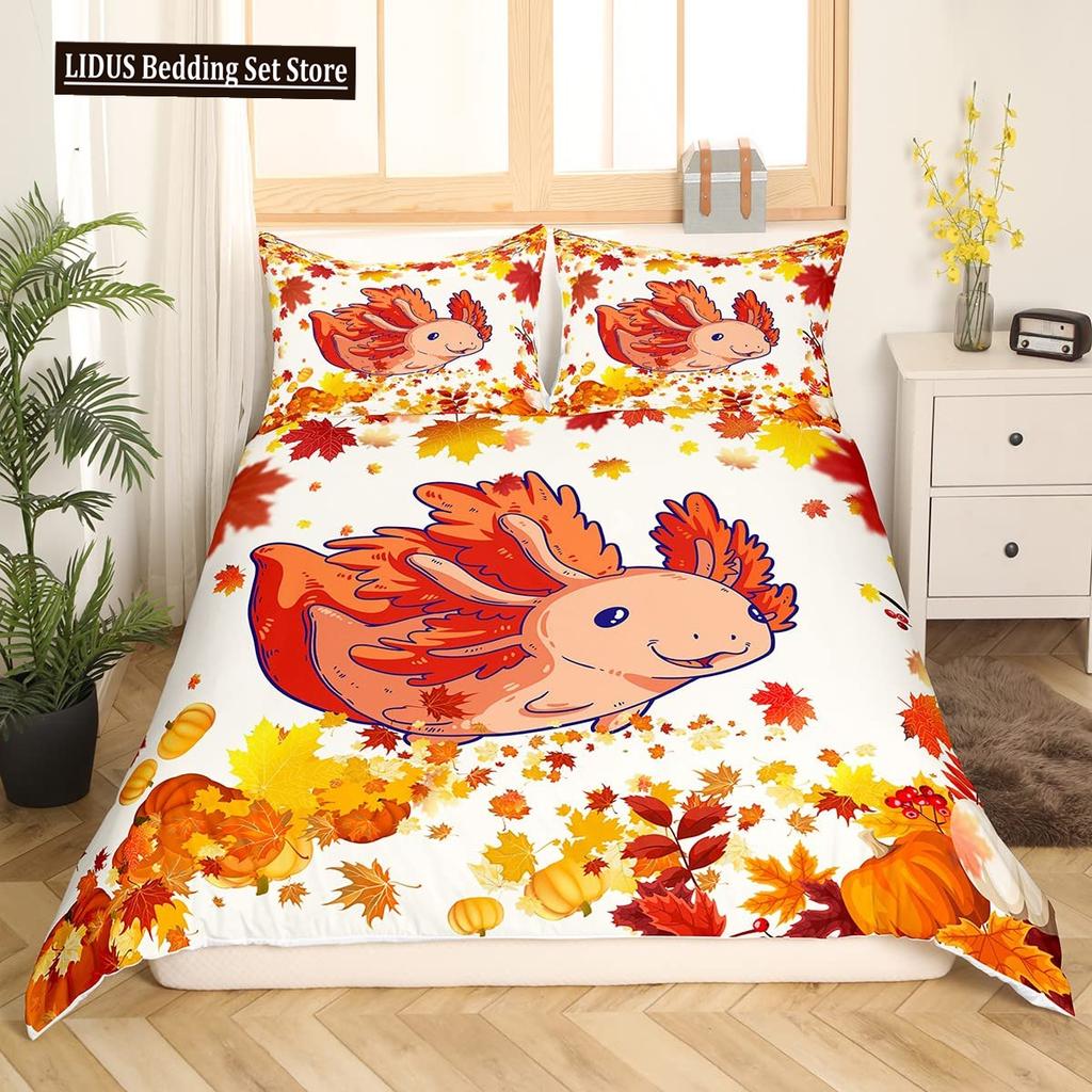Cute Axolotl Duvet Cover Set Full Size Cartoon Salamander Bedding Set Kawaii Animals Comforter Cover Constellation Black Decor