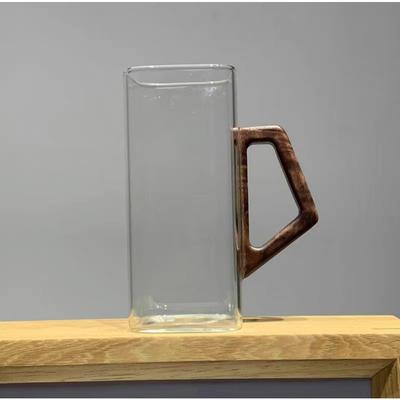 Thickened Wood Handle Glass Household Transparent Square Milk Breakfast Cup Printable Copy High Borosilicate Glass