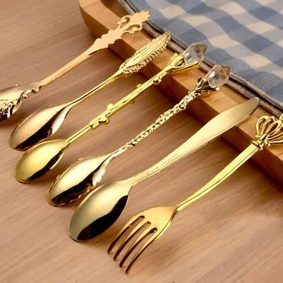 6pcs Vintage Spoons Fork Mini Royal Style Bronze Color Metal Carved Coffee Fruit Dessert Fork Stirring Teaspoon Kitchen Tool