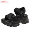 Fashion Aphixta New Buckle Height Increaming Canvas Platfom Sandals Women 3.15 Inch Wedge Heel Shoes Hook & Loop Thick Bottom Slides