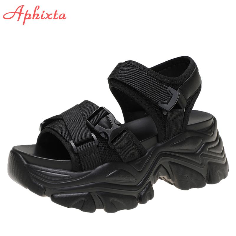 Fashion Aphixta New Buckle Height Increaming Canvas Platfom Sandals Women 3.15 Inch Wedge Heel Shoes Hook & Loop Thick Bottom Slides