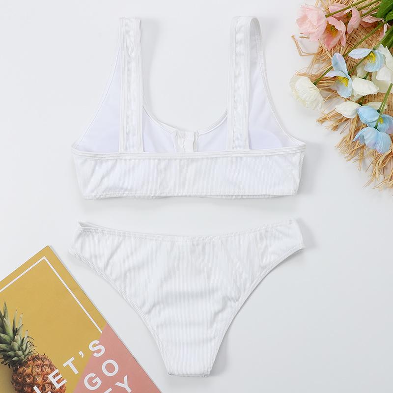Nervürlü bikini seti Katı Kadın Mayolar Takım Elbise Düğmesi Push Up Mayo Kadın Bölünmüş Mayo Biquinis Beachwear