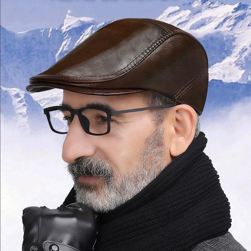 

Men s Winter Cowhide Beret: Warm, Cold-Proof Flat Cap for Middle-Aged and Elderly Outdoor Wear Adjustable чорний