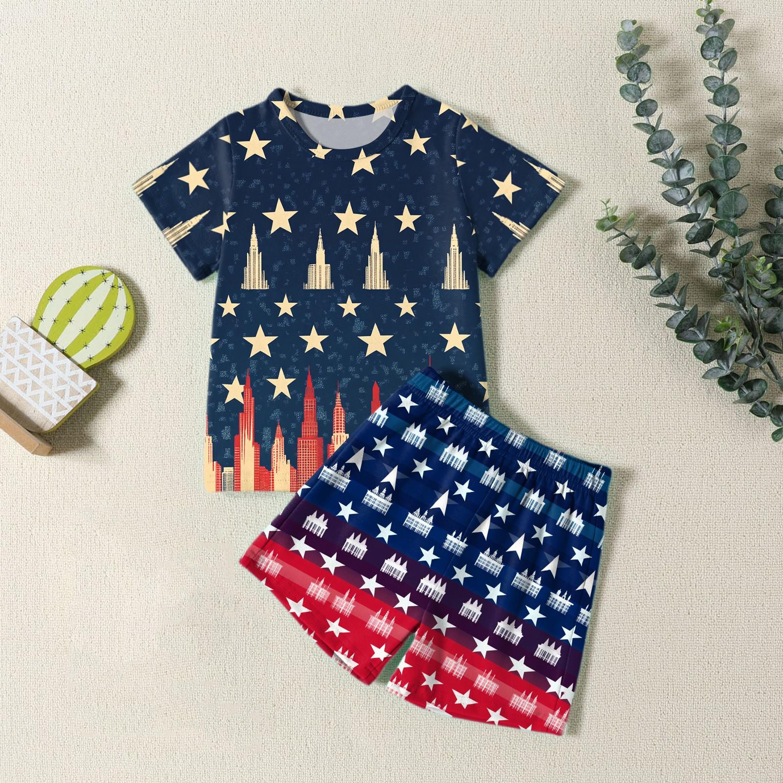 

Boys Girls Fashion Casual Round Neck Short Sleeve T-Shirt Shorts Independence Day Set 120