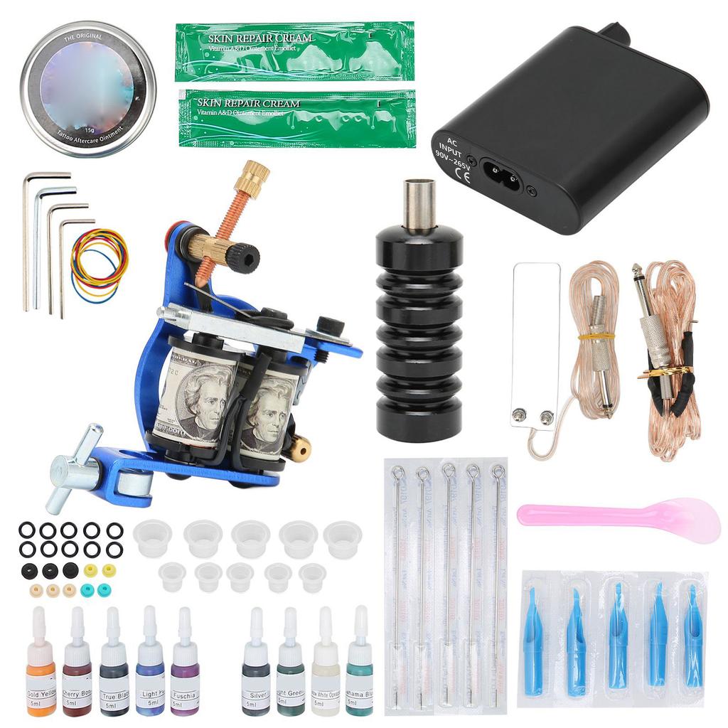 Complete Tattoo Kit Professional Tattoo Machine Kit Power Supply 9 Ink Repair Cream Grommet Tattoo