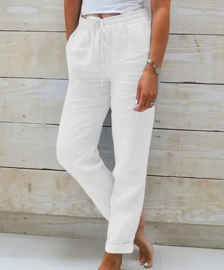Women's Drawstring Waist Casual Pants Loose Fit Trousers Solid Color Cotton Linen Ankle Pants For Daily Leisure Wear