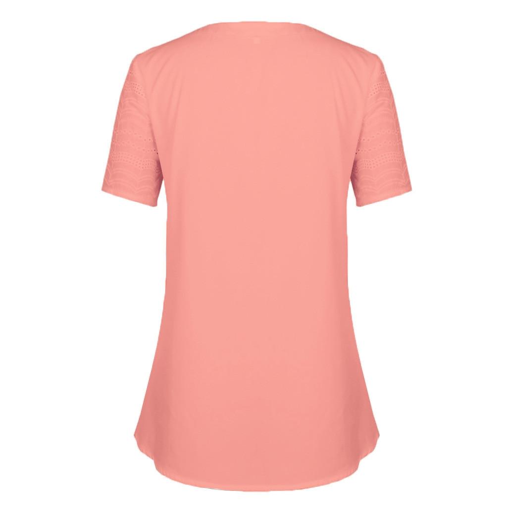 Damen Tops Casual Rundhals T-Shirts T-Shirts Ösen Spitze Panel Knöpfe Shirts