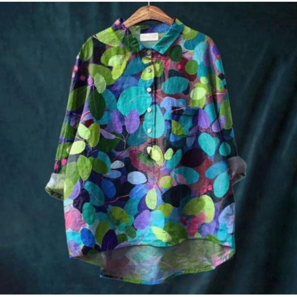 Women's Turn Down Collar Long Sleeve Floral Print Shirt Loose Fit Elegant Casual Blouse