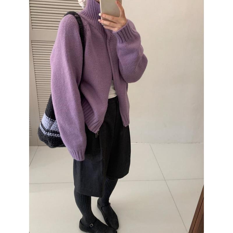 Autumn and winter new wear long-sleeved zipper knitted cardigan top women's small solid color lazy sweater jacket