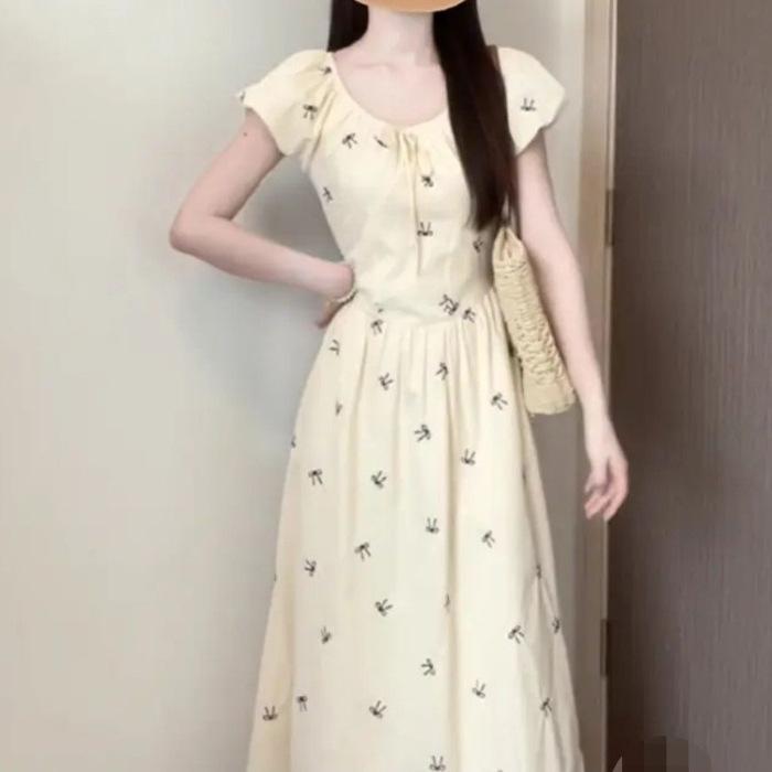 Temperament thin floral long dress summer new printed French bow bubble sleeve waist dress