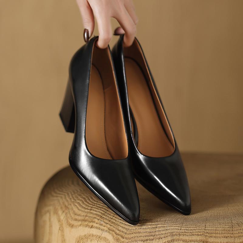 Fashion 2025 New Genuine Leather Pointed Toe Thick High Heels Spring Shoes Grace Wedding Mature Shallow Slip On Comfortable Women Shoes