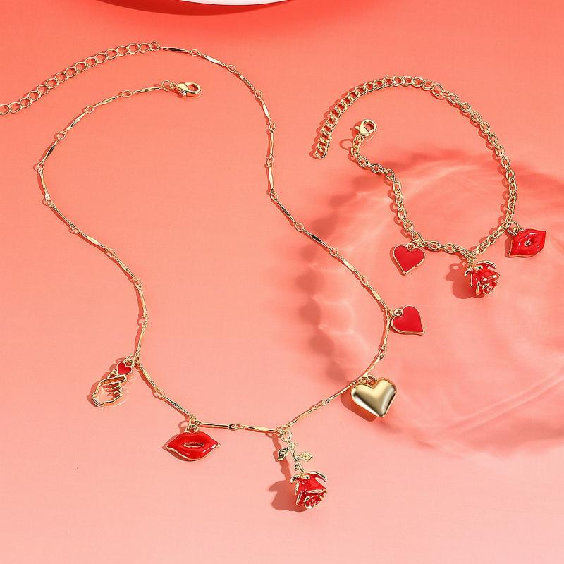 2 Pieces/set of Personalized Heart-shaped Lip Flower Necklace Bracelet, Suitable for Ladies' Valentine's Day Party Gifts
