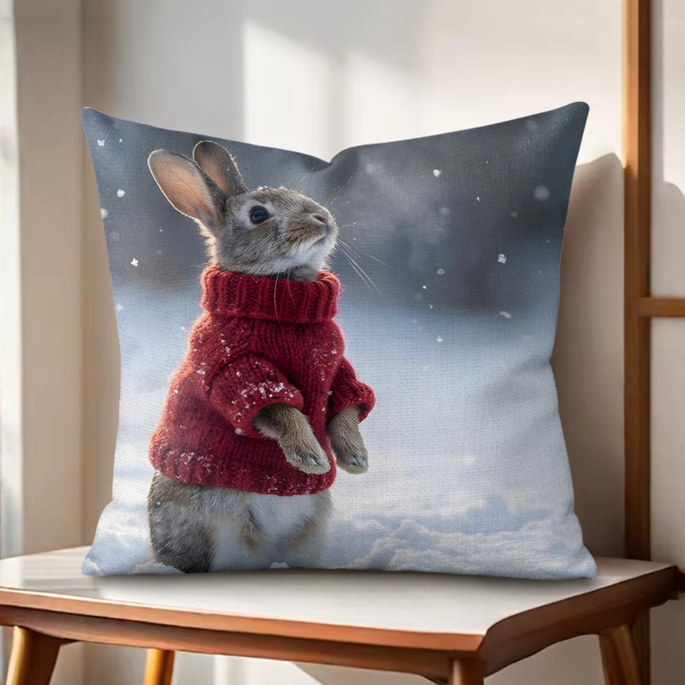 Cute Rabbit Cushion Cover Natural Linen Organic Fabric DoubleSided Printing Couch Pillow Covers Home Decor