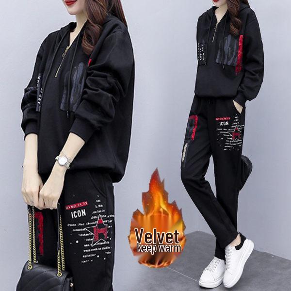 Women's 2025 Autumn/Winter Fleece-Lined Loose Sportswear Set: Long-Sleeve Sweatshirt & Trendy Long Pants.