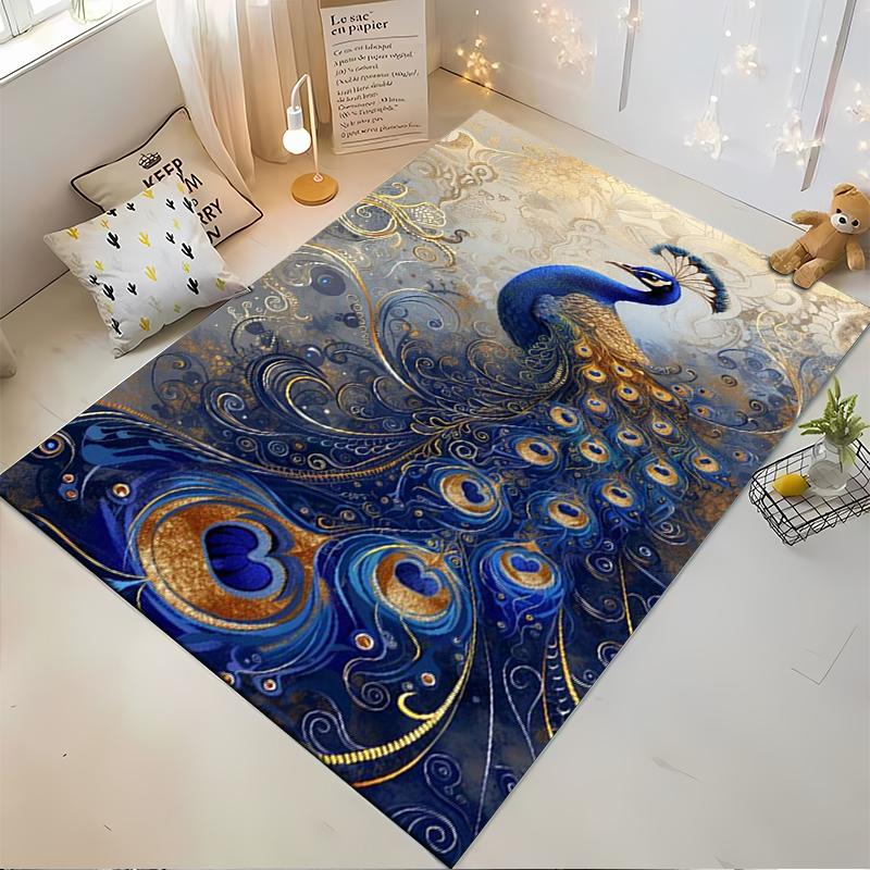 Stunning Blue Peacock Pattern Decorative Rug - Non-slip Rug Suitable for Living Room and Bedroom Sofas
