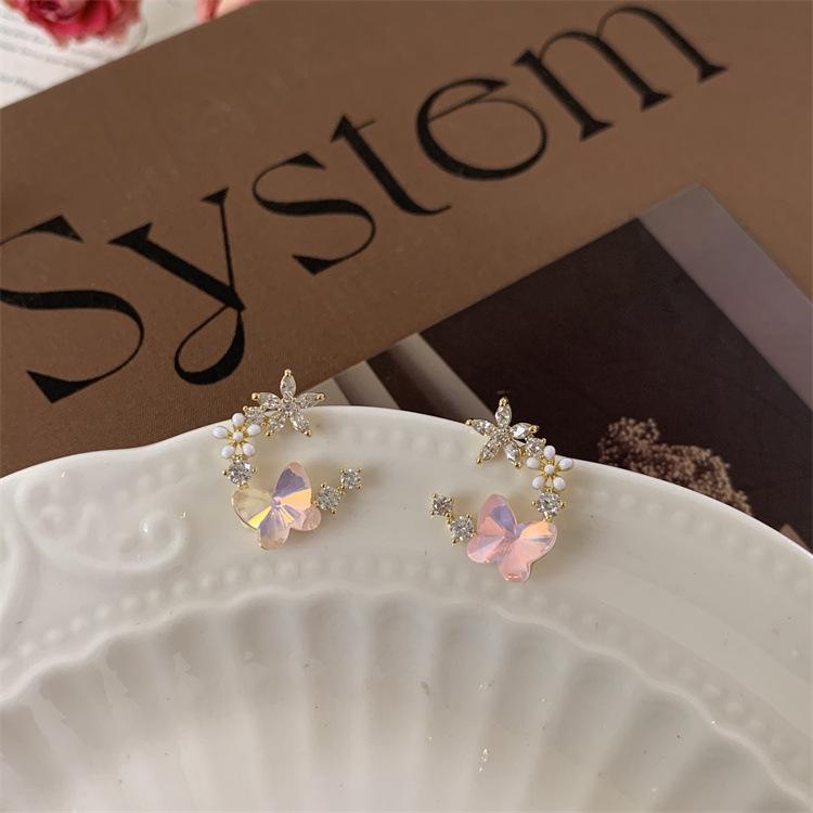 Forest-Inspired Butterfly Flower Zircon Stud Earrings, Exquisite S925 Silver Design