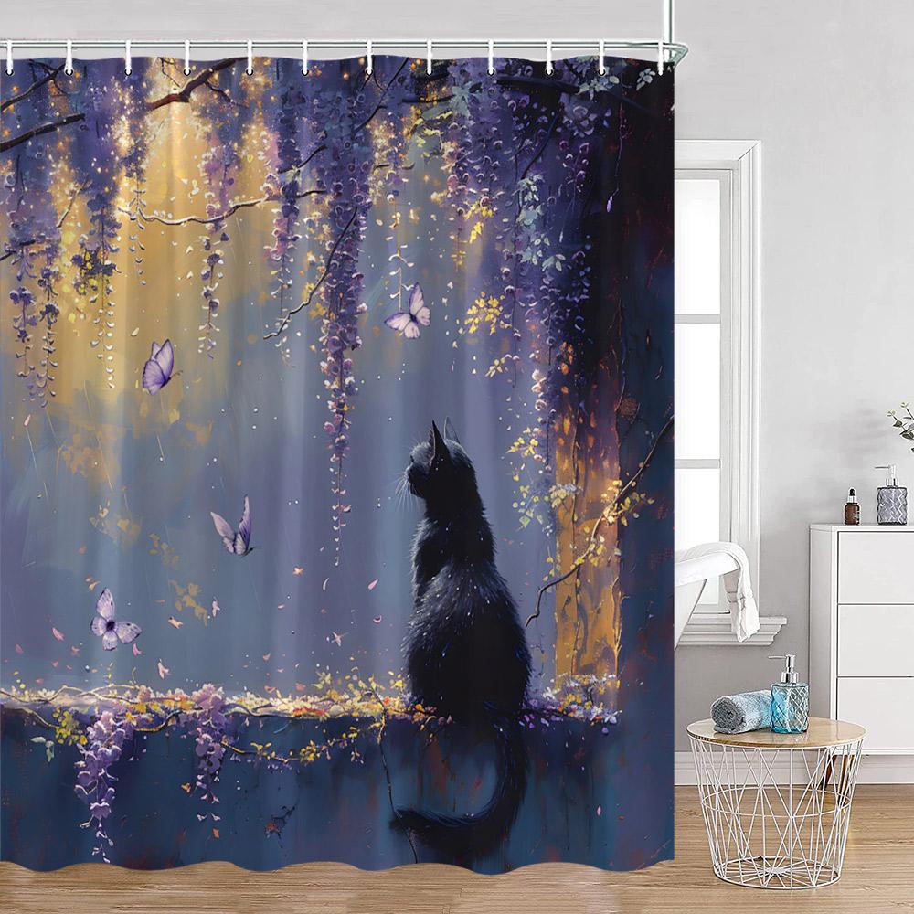Grappige Katten Douchegordijn Katten Rijden op Haaien Cool Schattige Katten Honden Bloemen Zomer Badkamer Decoraties Polyester Badgordijn