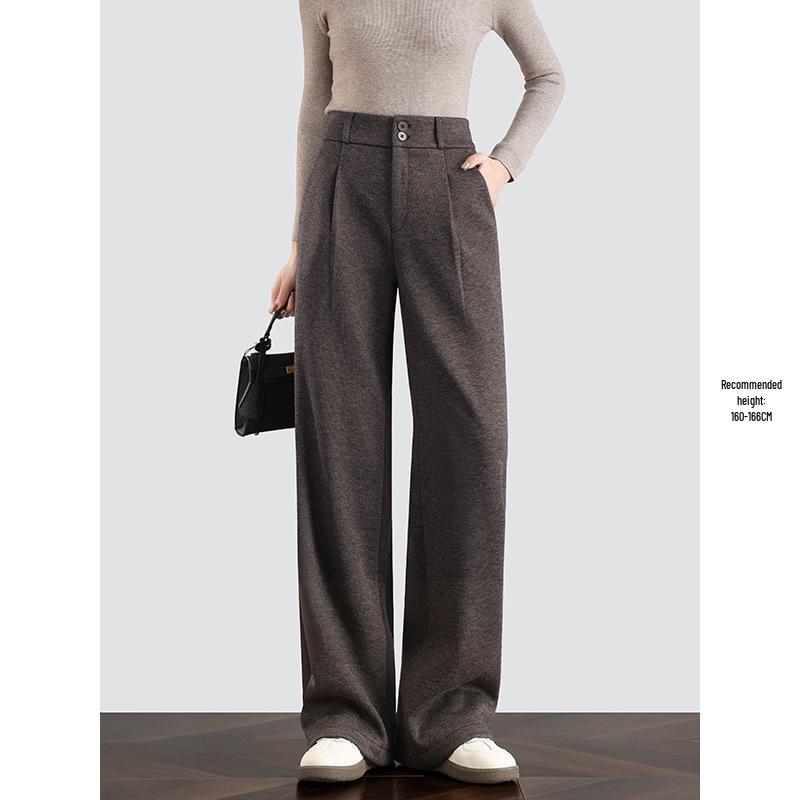 Women's Spring Style High-Waisted Oatmeal Wool Wide-Leg Fleece-Lined Pants