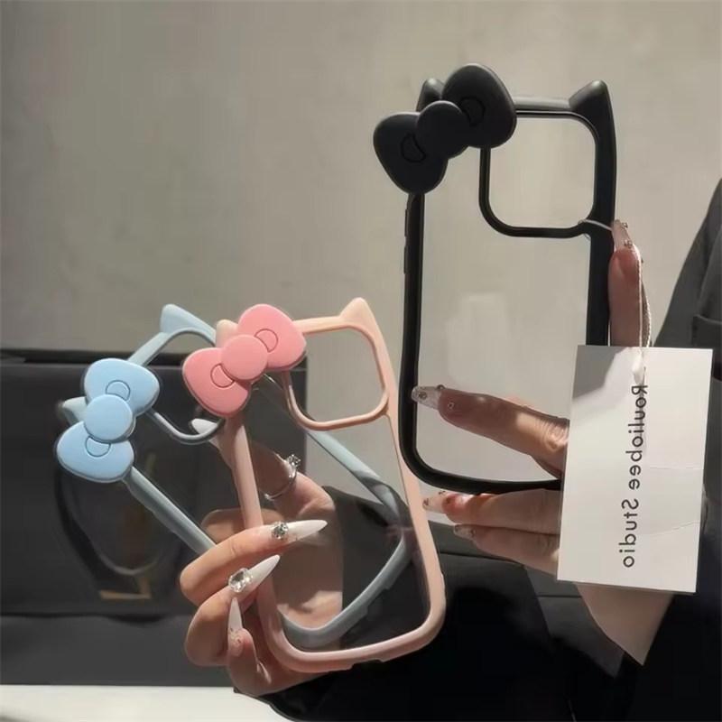 Roztomilé pouzdro s mašlí a kočičími uchy ze silikonu pro iPhone17 Air 16 16E 15 14 Pro Max 13 12 11 Plus Průhledný nárazuvzdorný tvrdý akrylový nárazník Zadní kryt