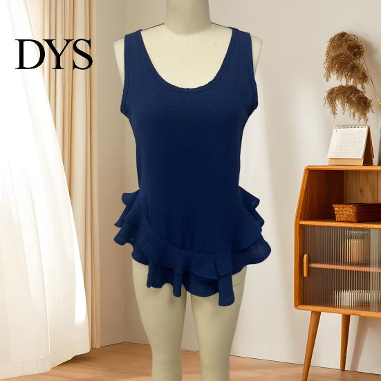 Relaxed Fit Women Blouse Tops Solid Color Loose Breathable Casual Soft Fabric Shirt O-Neck Sleeveless Ruffle Splicing Hem Summer Vest Daily
