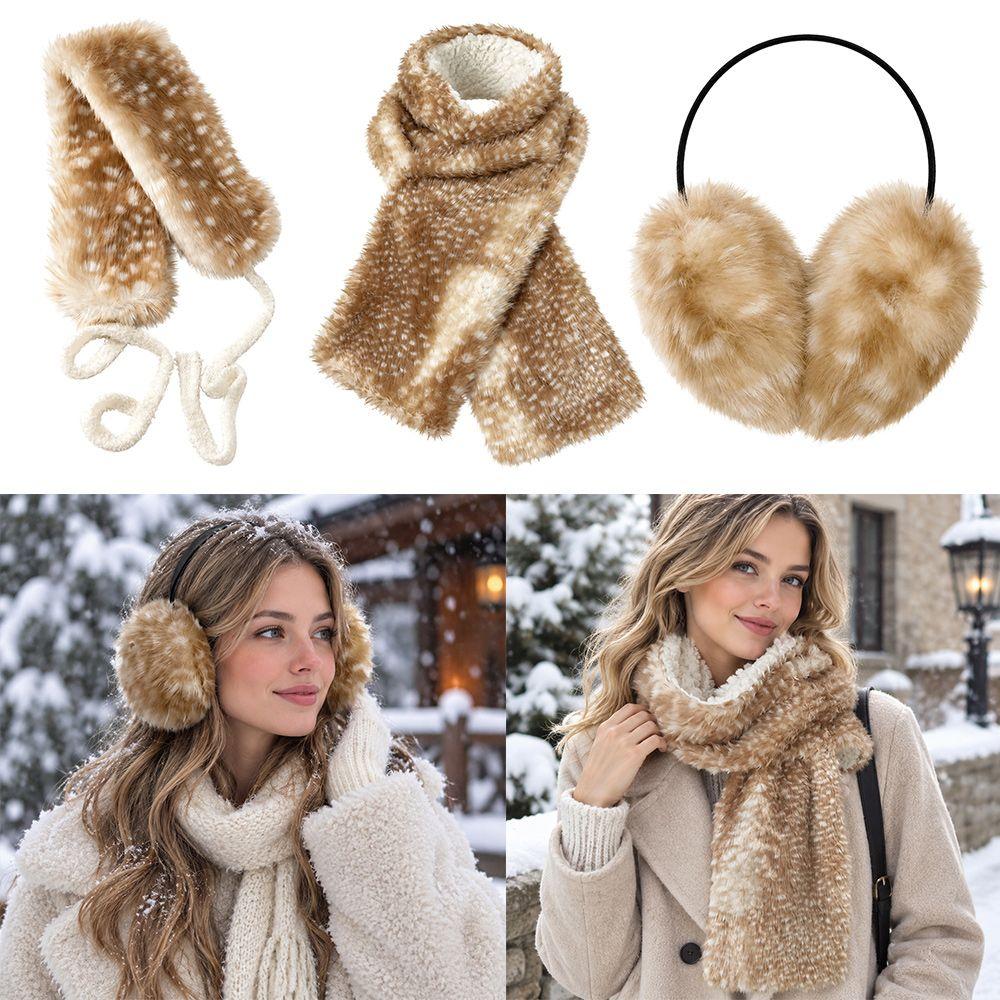 Deer Print Plush Neck Warmer Y2K Ear Muffs Cute Faux Fur Scarf Winter