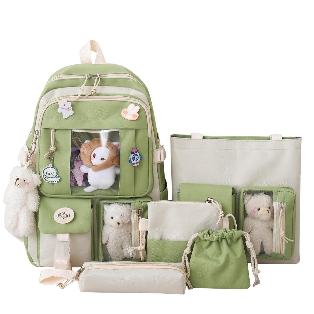 INS High School Durable Five-Piece Backpack Set for Girls - Large Capacity, Double Shoulder Bag for Junior and Middle School Students