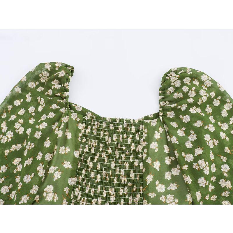 Kaslead New Arrival Women's Clothing Fashion Style Fashion Minimalist Square Collar Floral Long-Sleeved Pleated Dress