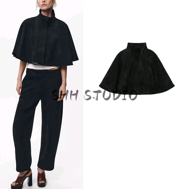 Spring New Women's Clothing French Style Circular Lower Hem Suede Texture Effect High Collar Cape Coat 4344151