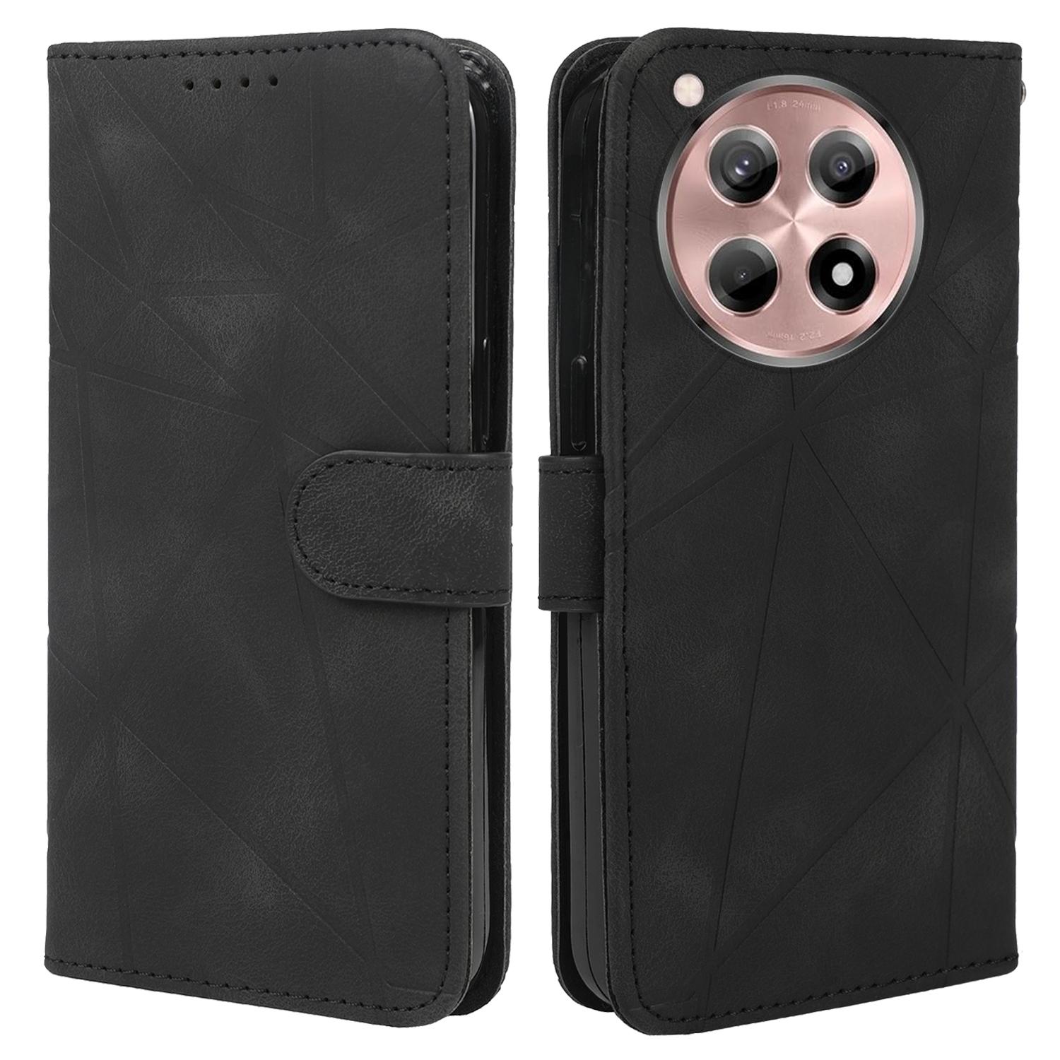 

For OnePlus 12R 5G/Ace 3 5G Stand Case Line Pattern Leather Phone Cover Black