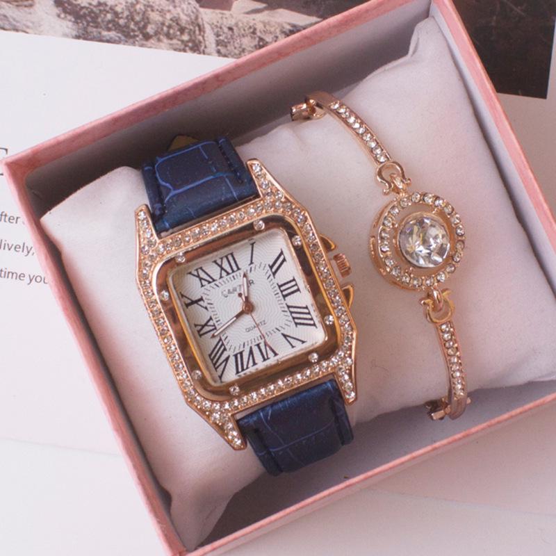 Elegant Roman Numeral Rhinestone Ladies Square Watch & Gift Set