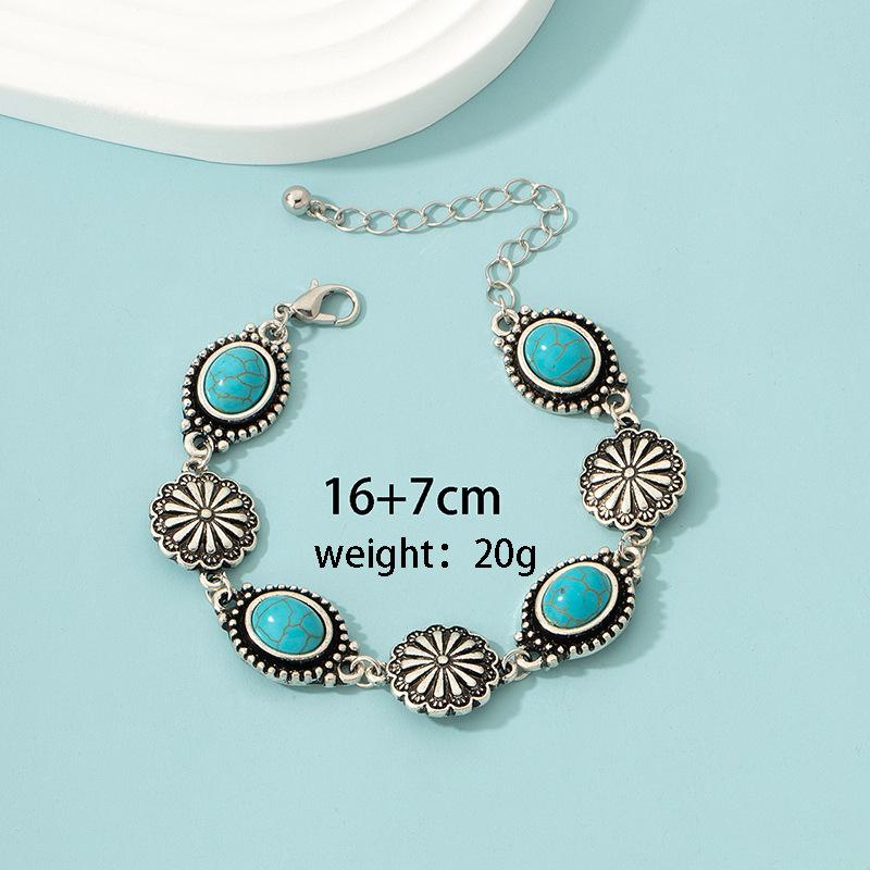 Bohemian Turquoise Bracelet With Antique Silver Floral Details For Daily Wear Beach Vacation Boho Events