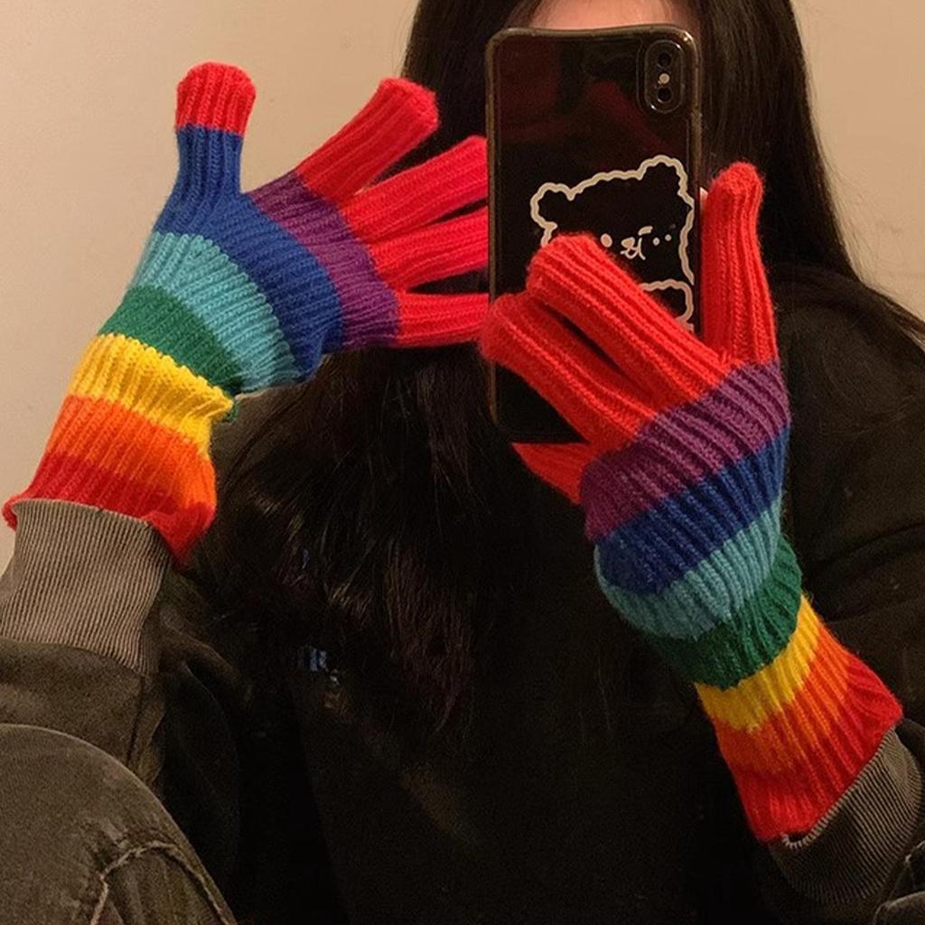 Touchscreen Winter Gloves Rainbow Color Knit Warm Gloves Touch Screen Phone Compatible for Outdoor Sports Running Hiking Skiing