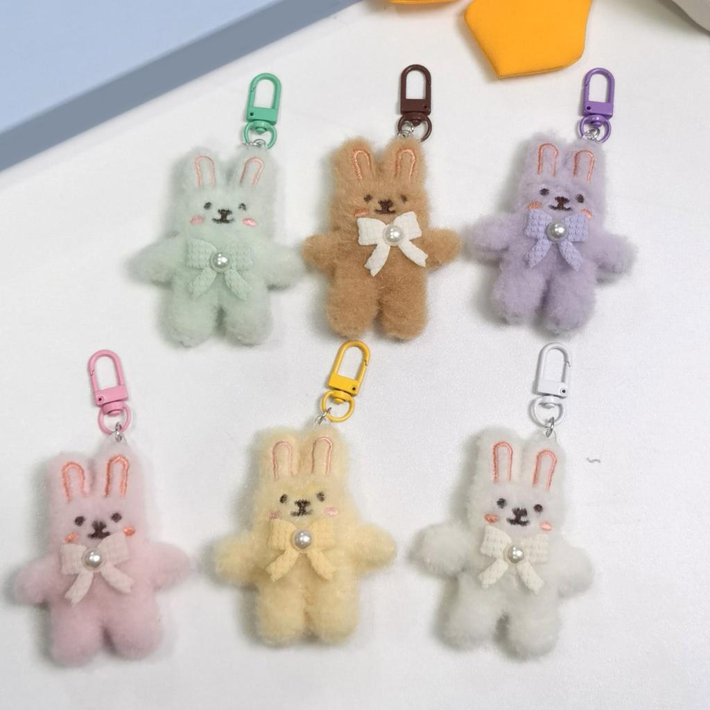 Cute Plush Rabbit Keychain With Pearl Bowknot For Girls And Women Soft Fluffy Charm Keyrings Pendant Accessory
