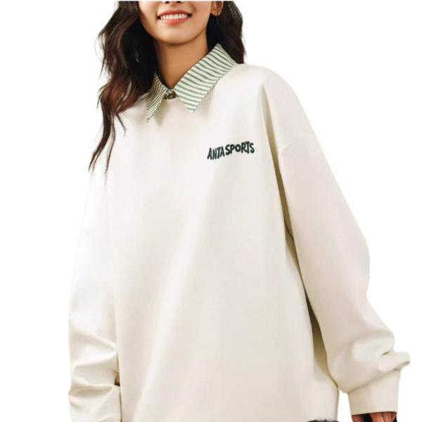 Anta Comfortable Casual Simple Round Neck Pullover Loose Long Sleeve Sweatshirt Men Sweatshirt Ivory 952518706-2
