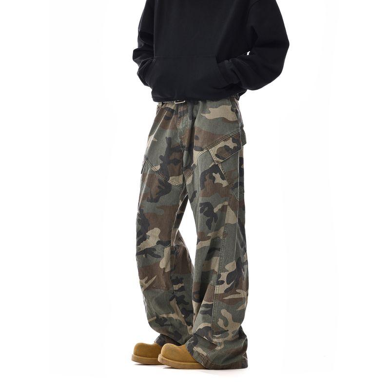 Retro Washed Diagonal Pocket Camouflage Cargo Pants Men's and Women's American High Street Easiest for Match Vibe Straight-leg Loose Casual Trousers
