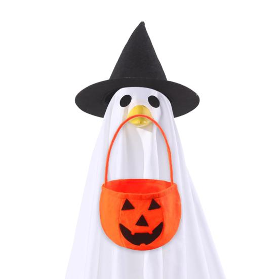Ghost Goose Outfit Halloween Porch Goose Clothes with Witch Hat And Pumpkin Bucket for 23" Goose Statue Outdoor Patio Yard Lawn Decoration