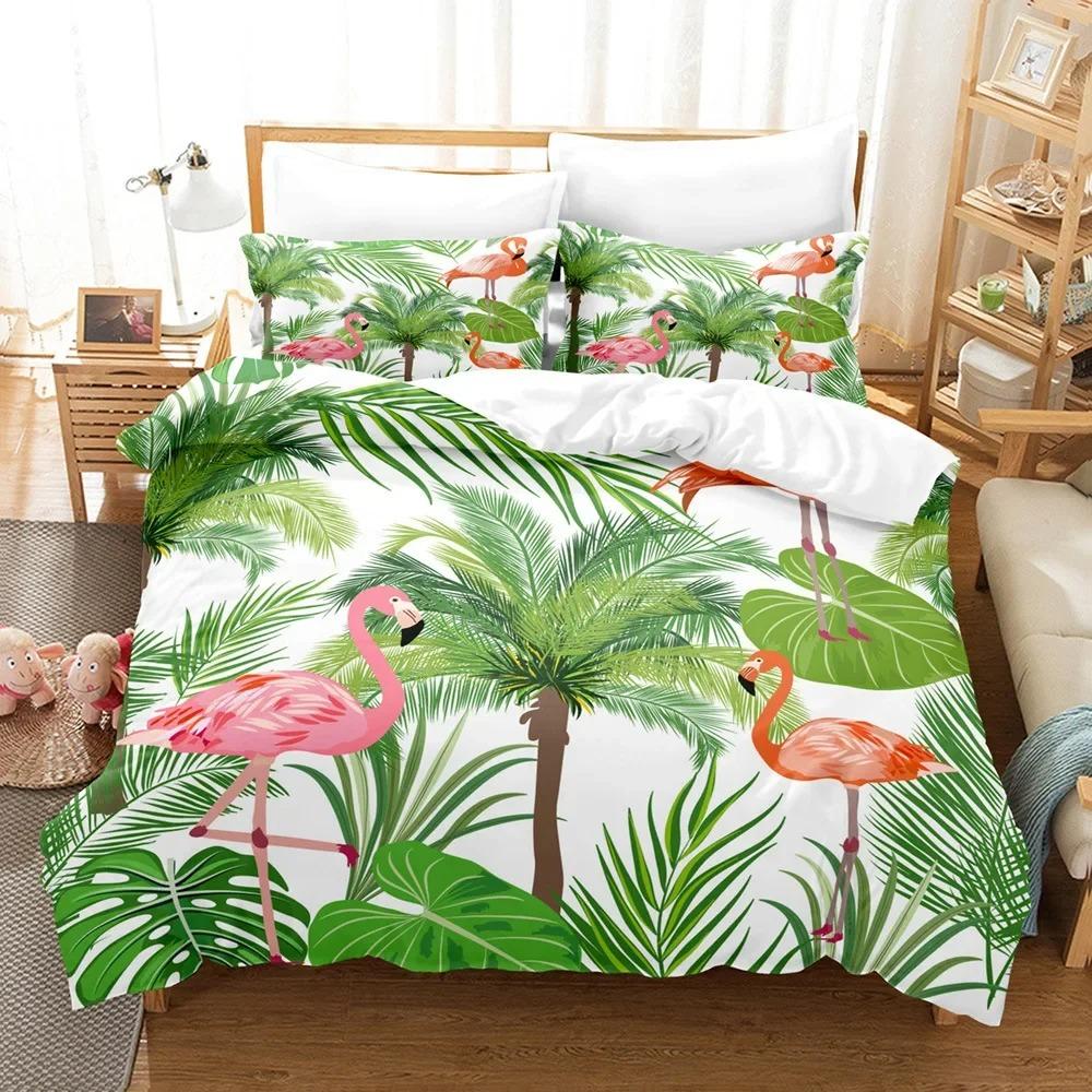 Flamingo Duvet Cover King/Queen Size Green Tropical Leaves Decor Bedding Set Palm Tree Flower Soft 2/3pcs Polyester Quilt Cover