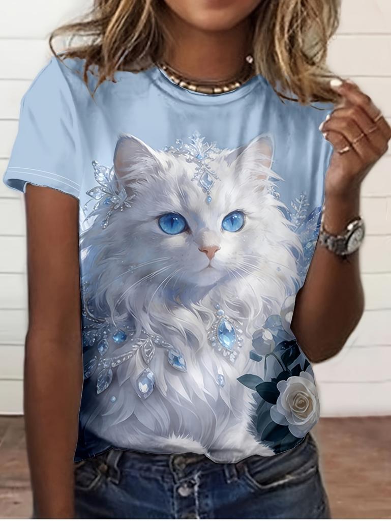 Funny Women's Cat Graphics T-Shirt Cute 3D Print Tees Fashion Tops Short Sleeves O-Neck T-Shirts Street Summer Woman Clothing